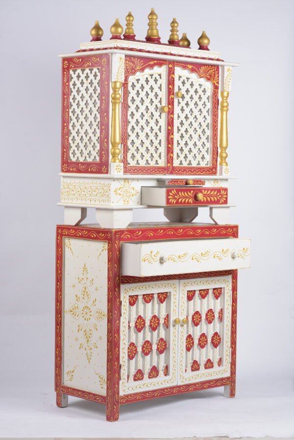 Pooja Mandir with Cabinet White and Red - Image 3
