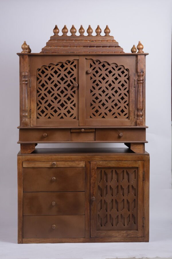 Wooden Pooja Mandir with Cabinet Honey Wood Finish