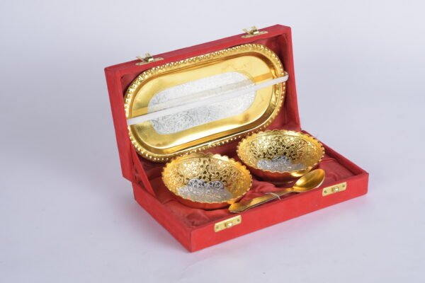 German Silver Gold and Silver Plated Bowls with Spoons and Tray