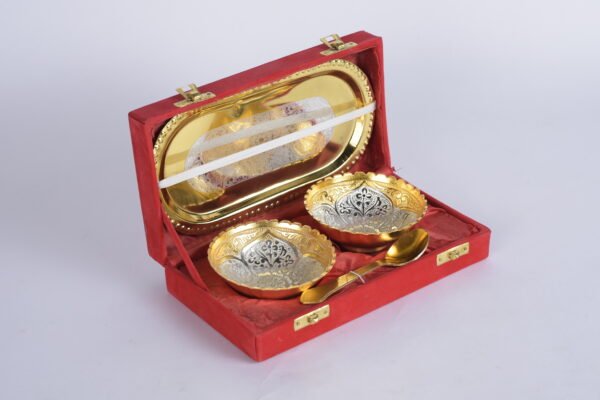 German Silver Gold and Silver Plated Bowls with Spoons and Tray - Image 2