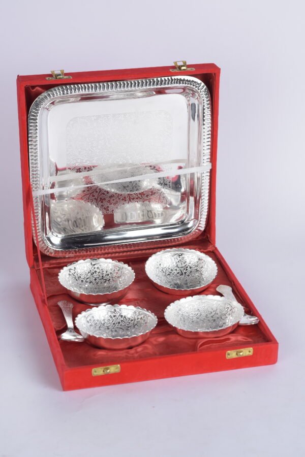 German Silver Four Bowls with Spoons and Tray (Silver Plated)