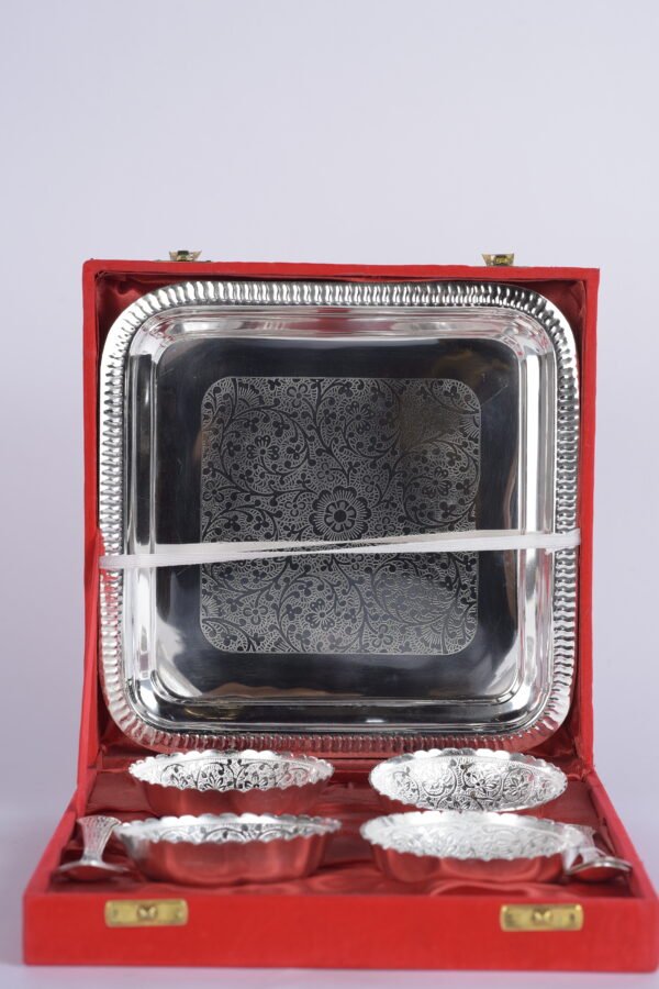 German Silver Four Bowls with Spoons and Tray (Silver Plated) - Image 3