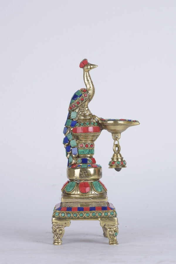 Stone Peacock Diya Holder with Bell. (12 inches)