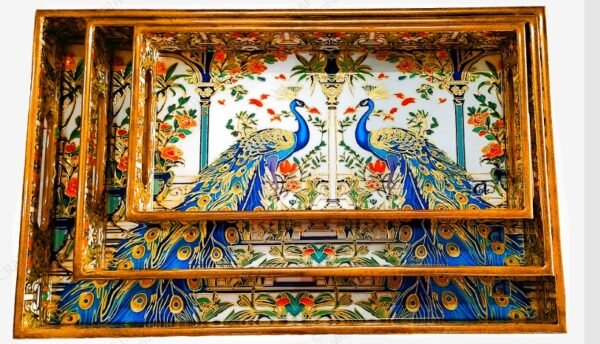 Rectangular Peacock Designer Wooden Trays (set of 3)
