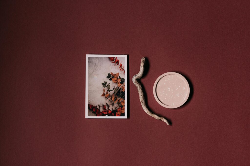 Stylish flat lay featuring a photograph, twig, and coaster on a maroon background.