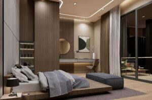 Stylish minimalist bedroom interior featuring a cozy bed, modern decor, and warm lighting.