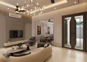 Stylish and elegant living room interior with modern decor and lighting, featuring a cozy seating area.